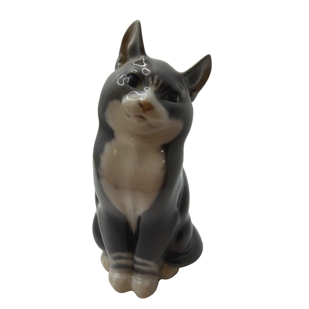 Royal Copenhagen Porcelain Cat Figurine 1803 Gray White Seated Kitten Denmark